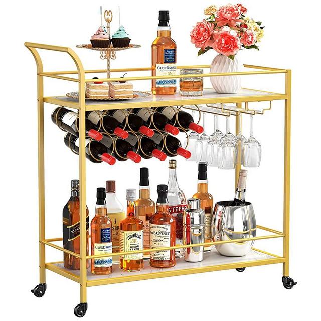 Lifewit Bar Cart, Home Bar Serving Cart, 2 Tier Drink Cart with 9 Wine Bottle Racks, Liquor Beverage Cart for Kitchen Dining Living Room Outdoor Indoor, 31.5" x 13" x 34.6", Gold