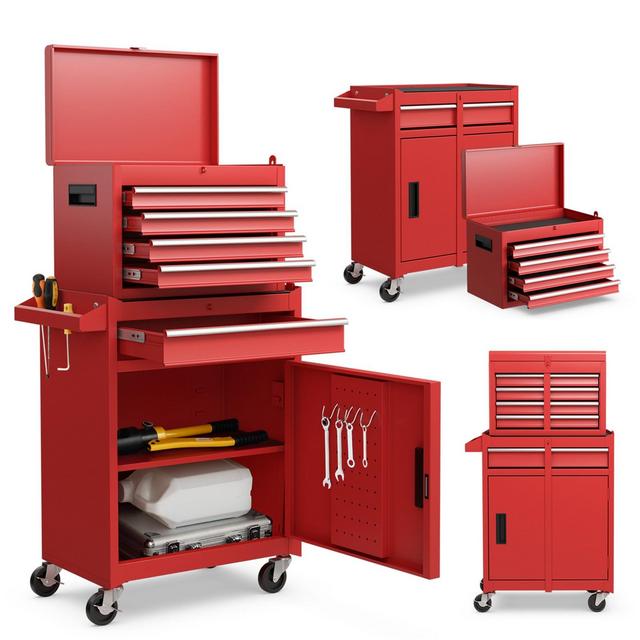 Costway 5-Drawer Rolling Tool Chest Cabinet Metal Tool Storage Box Lockable with Wheels Red