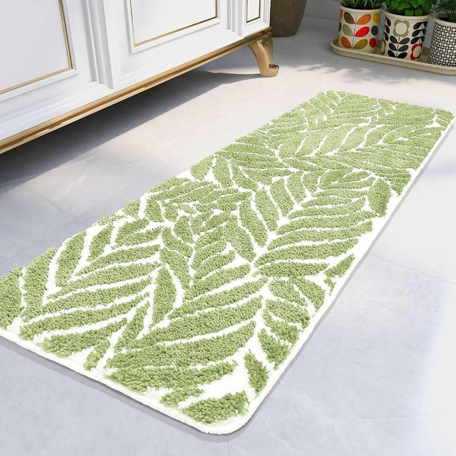 Homantic Sage Green Bathroom Rug Runner - Long Bath Mat for Bathroom Non Slip Bath Runner Rug Decor Water Absorbent Long Bathroom Rug for Sink Bathtub Leaf Bath Mat 18" x 47"