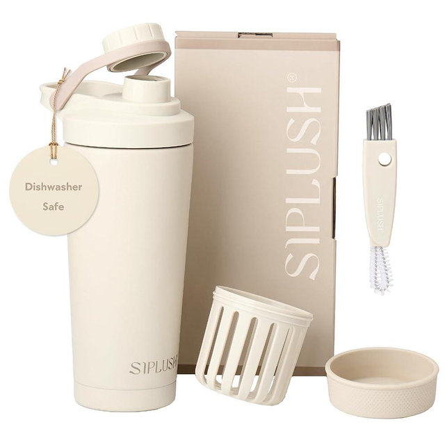 SIPLUSH Paradise Shaker Bottle 24 oz, Insulated Stainless Steel Protein Shaker, Dishwasher Safe, with Lid Brush & Protective Boot, Leakproof Twist-Off Chug Cap, Warm Gray, Joshua Dusk