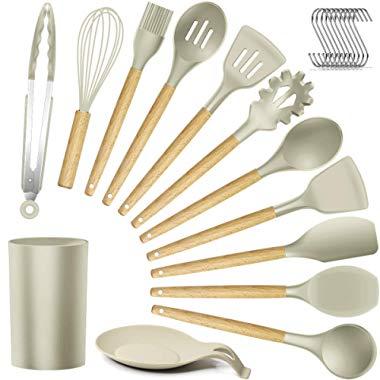 Silicone Kitchen Utensils Cooking Utensil Set - Cooking Utensils Tools with Wooden Handles Include Turner Tongs Spatula Spoon for Nonstick Cookware Non-Toxic Heat Resistant (13 PCS)