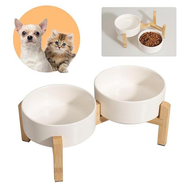 Elevated Ceramic Dog Bowl Set - Raised Feeding Bowls with Non-Slip Bamboo Stand - Small Pet Dishes for Food and Water - Ideal for Cats and Puppies - 16.23 OZ - 2 Cups - 480 ML