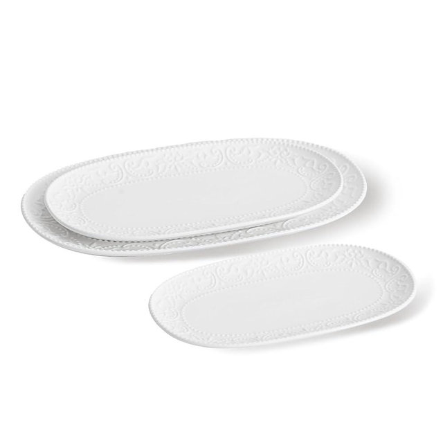 MVYAVYUS Oval Embossed Serving Platter Set, Stackable Serving Tray, Ceramics White Serving Platters for Entertaining, Serving Dishes for Wedding, Dishwasher & Oven Safe, Gift for Housewarming (3PCS)