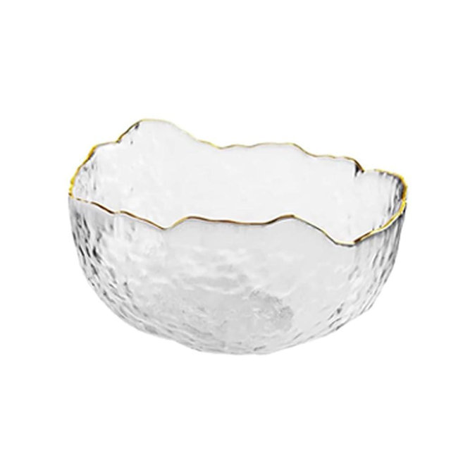 SYXLTSH Glass Salad Bowl Irregular Lotus Flower Shape Serving Bowls, Mixing Nut Bowls for Kitchen Fruist, Snack, Dessert, and Ice Cream Candy Dishes (Crystal Clear with Gold Rim, 4.9")