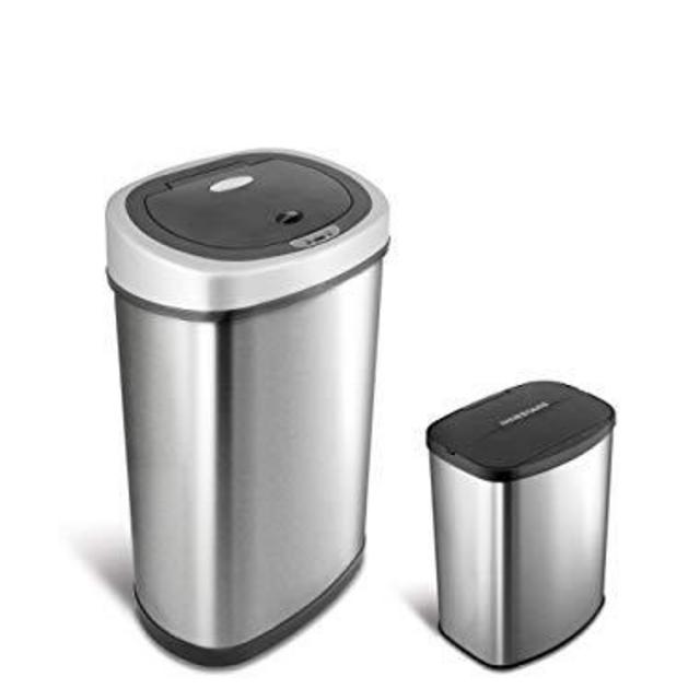 NINESTARS CB-DZT-50-9/8-1 Automatic Touchless Infrared Motion Sensor Trash Can Combo Set, 13 Gal 50L & 2 Gal 8L, Stainless Steel Base (Oval & Rectangular, Silver/Black Lid)