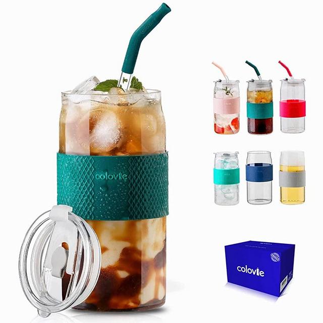 ColoVie Travel Glass Tumbler Cup with Lids and Glass Straws 6pc Set-20oz Can Shaped Drinking Glass Cups with Silicone Protective Sleeve, Iced Coffee Cup, Soda Beer Can Glasses, Securely Boxed-Gift