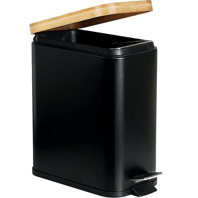 Rectangular Trash Can with Lid Soft Close 5 Liter / 1.3 Gallon Slim Foot Pedal Garbage Container Bin with Removable Plastic Inner Wastebasket for Bathroom Bedroom Office (Black)