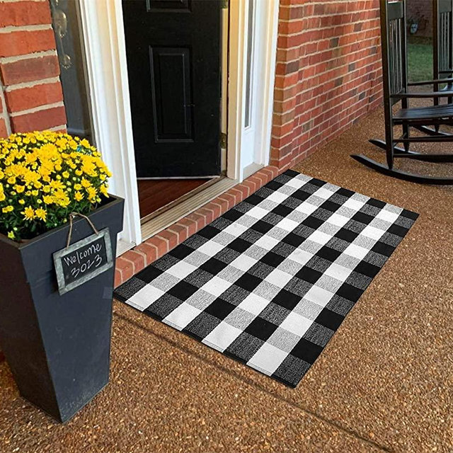 Levinis Buffalo Check Rug 3' x 5' - Retro Farmhouse Lattice Area Rugs - Black and White Checkered Plaid Rug for Front Porch/Kitchen/Bedroom