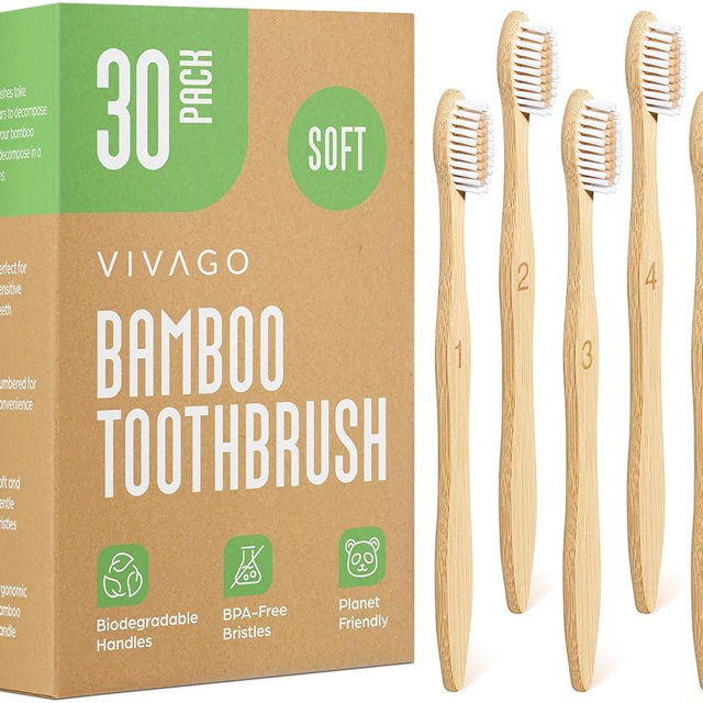 VIVAGO Bamboo Toothbrushes 30 Pack - BPA Free Soft Bristles Toothbrushes, Eco-Friendly, Natural Wooden Toothbrush