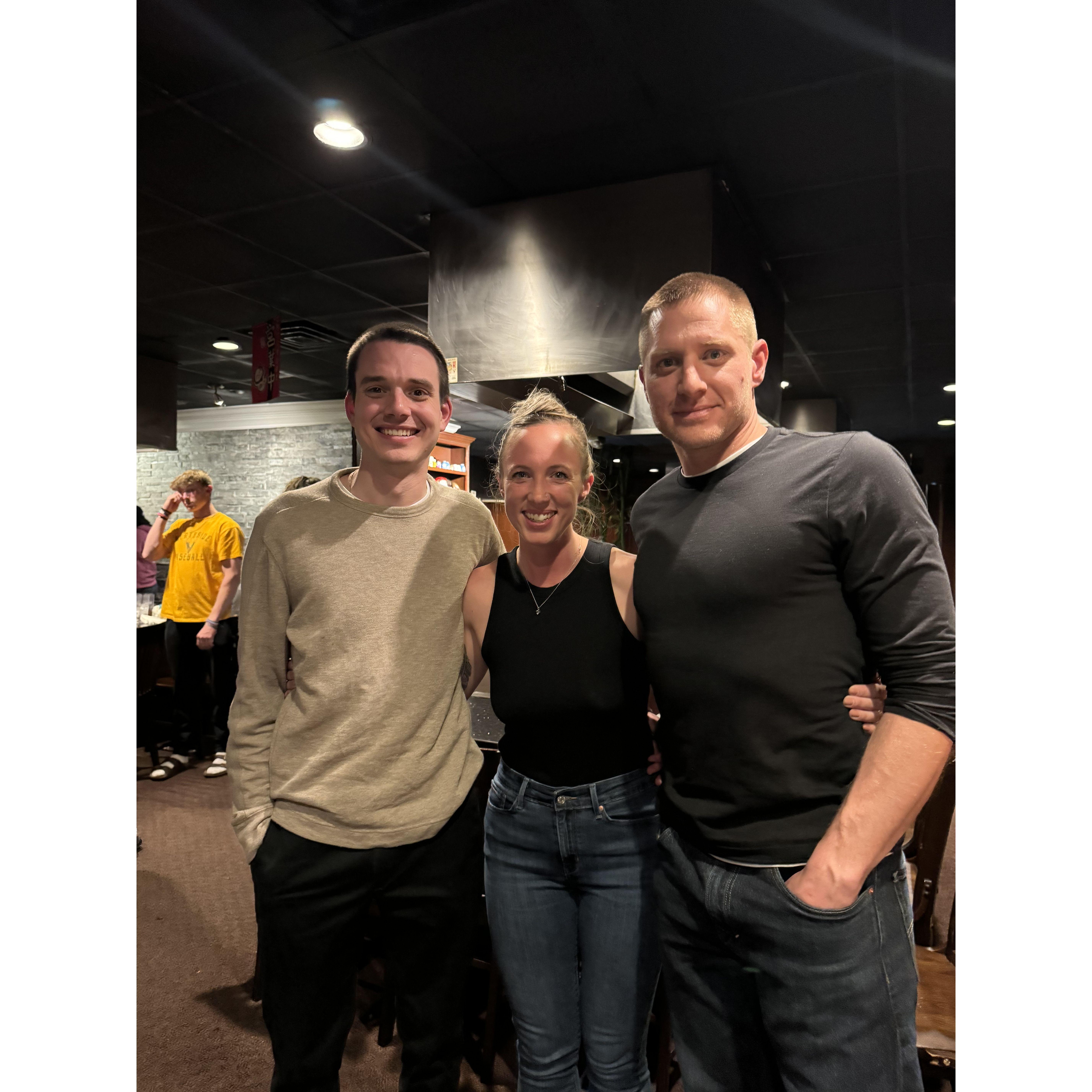 Harrison (Colleen's cousin), Colleen, and Alex at family dinner