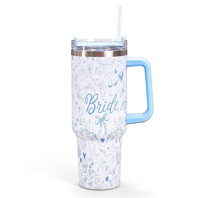 Whaline 40oz Bride Tumbler with Handle Straw and Lid Blue Bow Floral Travel Tumbler Coffee Cup for Women Friend Bridesmaid Wedding Bachelorette Party Favors