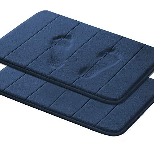 Flamingo P 17"X24" Microfiber Memory Foam Bath Mat with Anti-Skid Bottom Non-Slip Quickly Drying Navy Striped Pattern, Two Pack