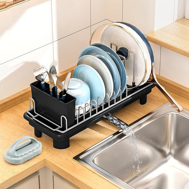Small Dish Drying Rack for Counter - Compact Dish Drying Rack with Auto Drain, Adjustable Slots, Rust Resistant, Utensil Caddy, Handle Sponge; Space Saving for Dorms, RVs (Black)