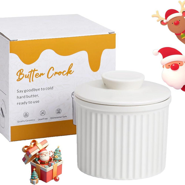 Large Butter Crock for Counter with Water Line, Butter Keeper, Ceramic French Butter Dish Holder for Fresh Spreadable Soft Butter (White, 8 Ounce)
