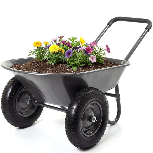 Garvee Wheelbarrow Garden Cart, Heavy Duty Home Utility, Dual-Wheel Home Garden Yard Utility Wheelbarrow Cart with Built-in Stand,(Grey)