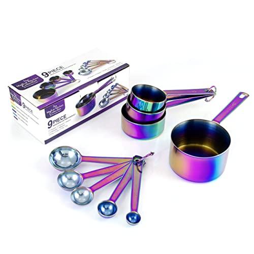 The Magical Kitchen Collection - Complete Set Of Iridescent Rainbow Measuring Cup and Spoons - 9 -Piece High Grade Stainless Steel, Dishwasher Safe, Never Rusts, Easy To Scoop, Imperial and Metric
