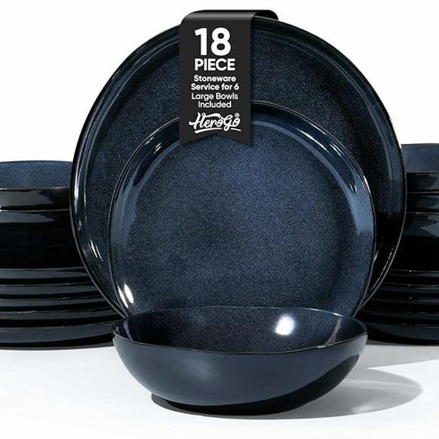 Herogo 18pcs Stoneware Dinnerware Sets for 6, Irregular Handmade Dinner Plates and Bowls, Kitchen Dining Dish Dishware Set, Microwave & Dishwasher Safe,Starry Blue