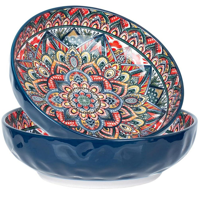 Ronanemon 75 Oz Serving Bowls,Bohemian Style Large Porcelain Dishes for Entertaining Parties,Big Bowls for Eating Soup, Salad, Pasta, Fruit, Chips, 10.3 Inch Diameter (blue blue)