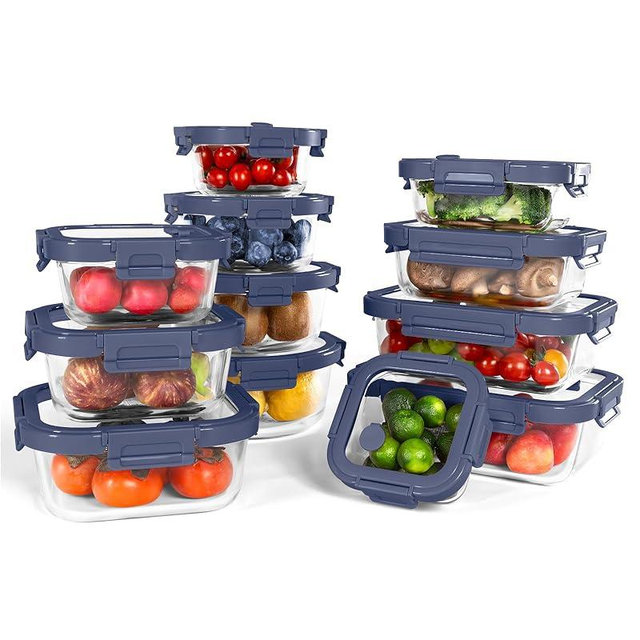 BOROHOUSE 12-Pack Glass Containers with Tempered Lids – Borosilicate, Oven-Safe(-4°F~950°F), Airtight, BPA-Free, Multi-Size for Meal Prep, Dishwasher Safe (Blue)
