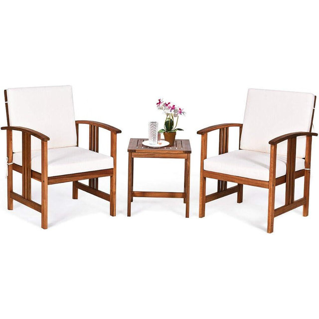 DORTALA 3-Piece Acacia Wood Patio Set, 2-Person with Cushions and Coffee Table, Outdoor Wood Table Set for Patio, Backyard and Porch, Easy to Assemble, 360LBS Capacity, White