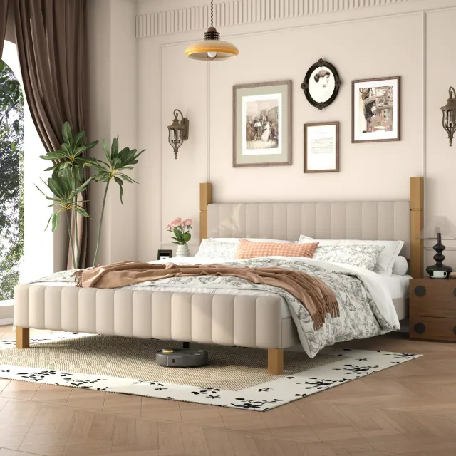 Brafab King Bed Frame with Upholstered Headboard, Modern Platform Bed with Solid Wood Frame & Noise-Free Slats, No Box Spring Needed