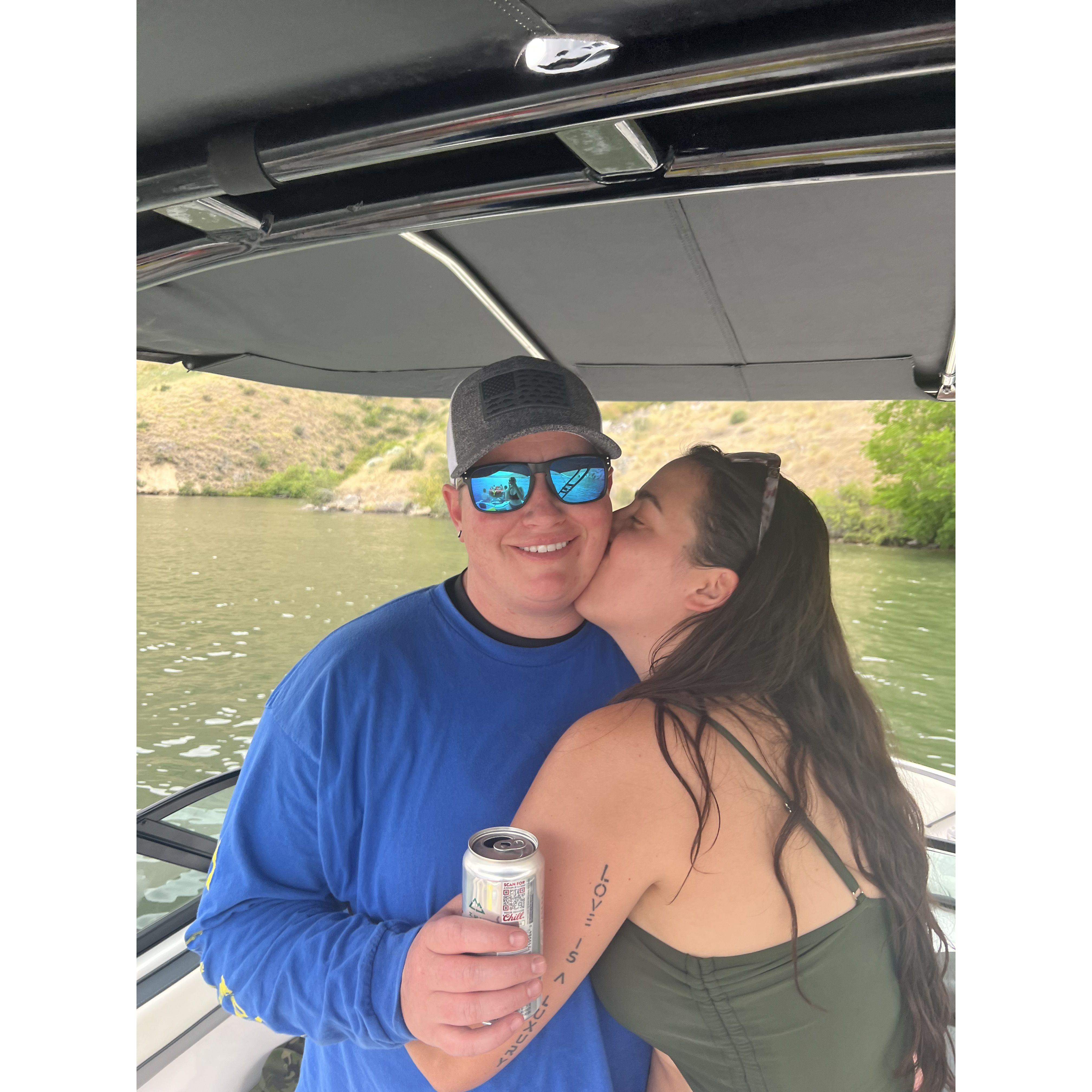 Out on lake the lake enjoying an equiste Coors Light.