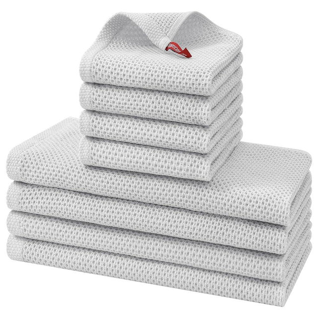 Kitinjoy 100% Cotton Kitchen Towels and Dishcloths Set, 8 Pack-13" x 28" and 12" x 12" Waffle Weave Dish Towels, Ultra Soft Absorbent Quick Drying Dish Rags, Light Grey