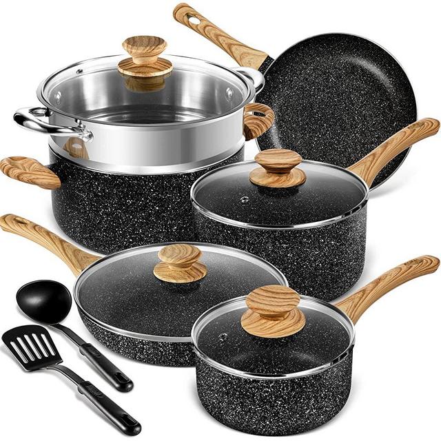 MICHELANGELO 12 Pcs Non-Stick Pots and Pans Set, Stone Cookware Set 12 Pcs, Kitchen Cookware Sets Black, Pots and Pans Nonstick with Spatula & Spoon