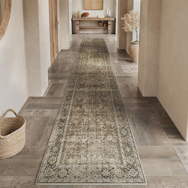 PureCozy Brown Runner Rug 3x14 Vintage Area Carpet Hallway Long Indoor Kitchen Washable Living Room Low Pile Traditional Distressed Retro Accent Throw Rug Non Slip Laundry Bathroom Office Dining Room