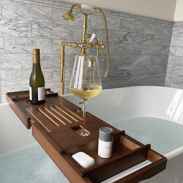Expandable Bathtub Caddy to 41 Inches, Book Stand, Soap Holder, Non Slip