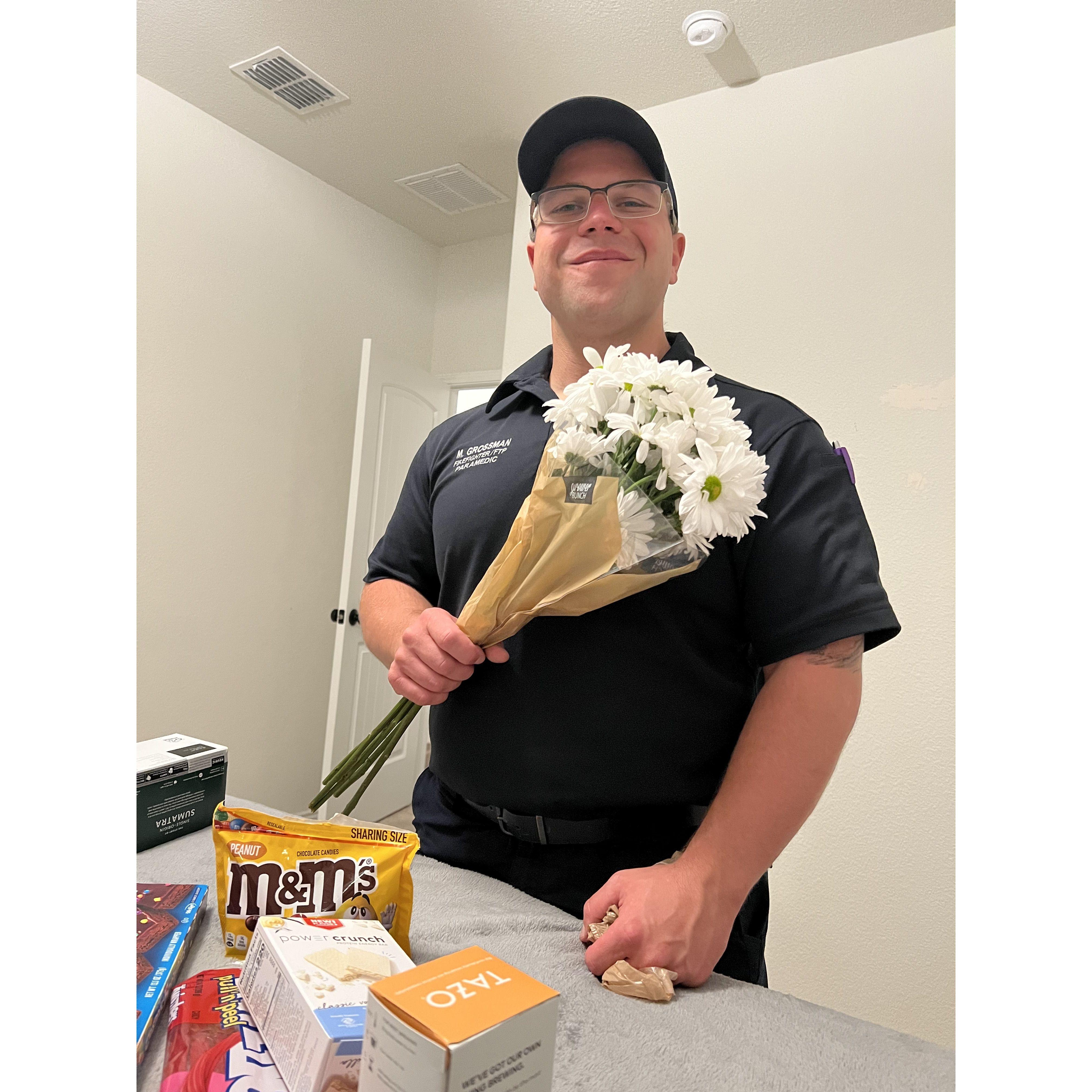 When you tell your fiance you think you're coming down with something and he shows up with flowers and goodies in hand :''')