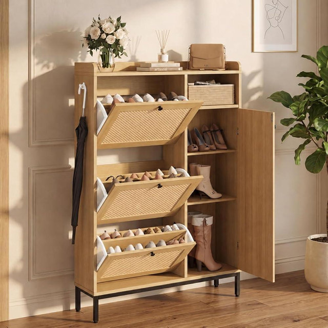 Garvee Shoe Cabinet with 3 Flip Drawers and 4-Tier Shoe Storage Cabinet, Freestanding Shoe Organizer with Adjustable Shelf and Rattan Doors for Entryway, Closet, Hallway
