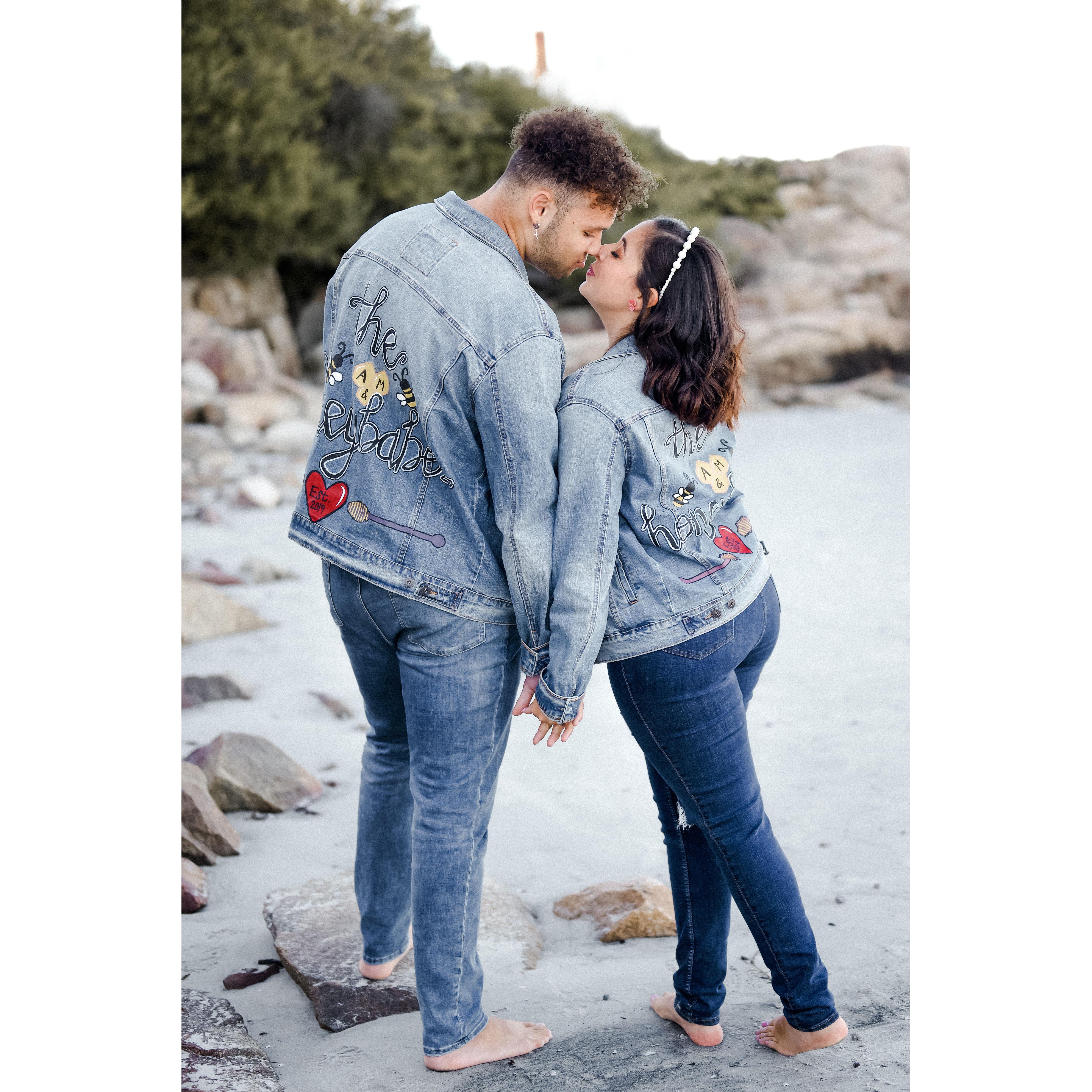Part of our engagement shoot. To celebrate our first year together as bf/gf I made us matching jean jackets and we thought it would be special to have a matching moment during our engagement shoot.