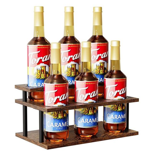 KLM Coffee Syrup Organizer, 2 Tier Wooden Small Display Shelf (6 Bottle Capacity),Syrup Bottle Sturdy Holder for Coffee Bar, Kitchen Countertop Syrups, Condiments and Wine