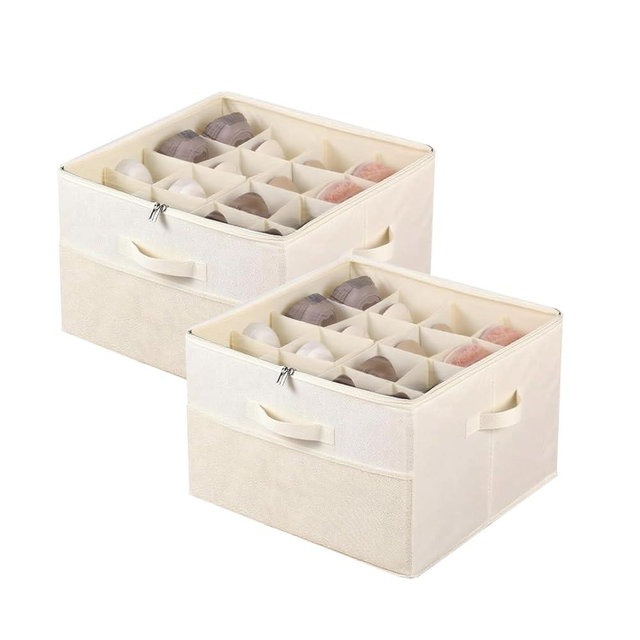 PDAENLKY 2 Pack Shoe Organizer for Closet: Fits up to 16-32 Pairs, Foldable Shoe Storage Organizer Bin with Adjustable Dividers and Clear Cover, Shoe Storage Containers for Wardrobe