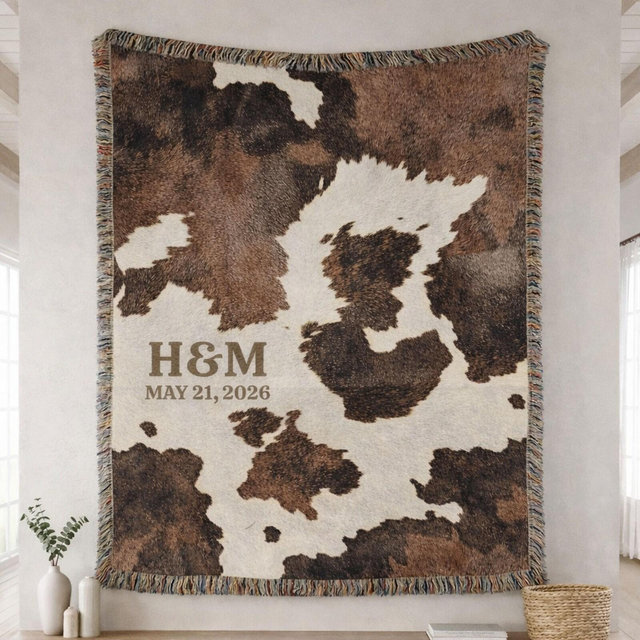 Personalized Western Woven Wedding Blanket with Initial Date Cow Print Rustic Wedding Gift Cowboy Cowgirl First Anniversary Home Decor Throw