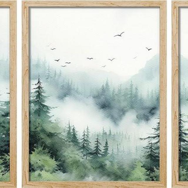 SIGNWIN Framed Poster Set Misty Forest Green Nature Mountain Landscape Wall Art Decor Wall Art for Living Room, Bedroom, Office - 12"x16"x 3 NATURAL