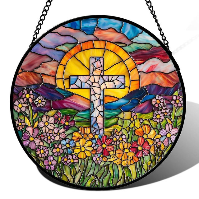 JOSUMALY Stained Glass Window Hanging - Cross Flower Sea Sun Catcher for Door Terrace Garden Home Decor, Mountains Landscape Suncatcher Birthday Gifts for Lovers Women Men Dad Mom Nana 7.8 in