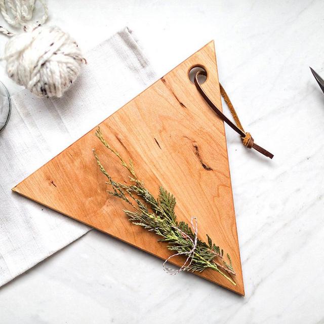 Geometric Wood Triangle Serving Board with Leather Strap, Cherry Wood, Handcrafted, Handmade, Mid Century Modern