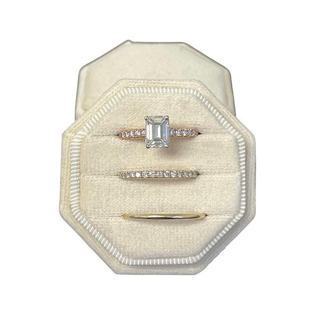 Engagement Ring Box Premium 3 Slot Octagon Wedding Ring Jewelry Box Vintage Velvet Ring Jewelry Box for Engagement & Wedding Ceremony Velvet Ring Box for Jewelry Display Ring Storage (Champagne)