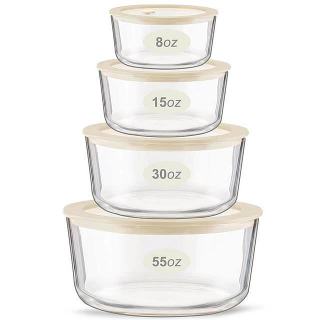 Glass Food Container Set with Glass Lid, Large Size 4 Pack, Glass Food Storage Containers with Silicone Framed Glass Lid, Airtight, LeakProof, 100% Plastic Free Glass Lid Container Set. Glass Meal Prep Food Containers for Family Size, Glass Food Containers with Lids (White Sand Color)