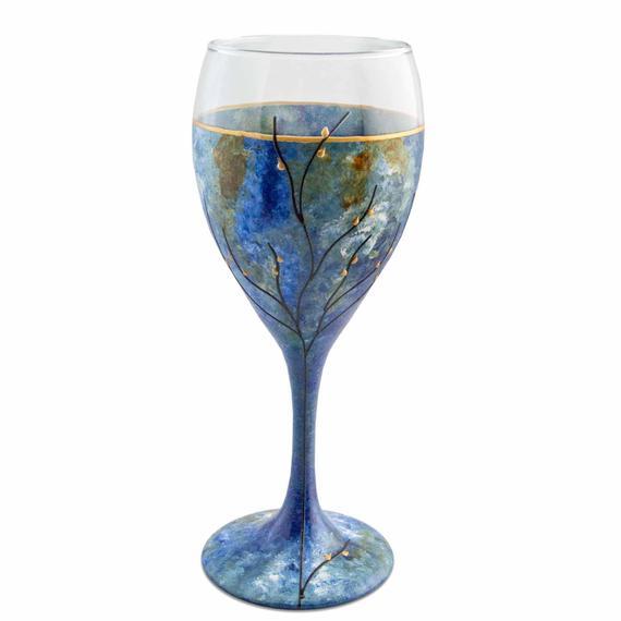 Wine Glass tree of life Kiddush Cup Hand Painted Lapis Blue, Sandy Amber, White, Jewish, Holiday Gifts, Wedding Gift, Bat Mitzvah, Custom