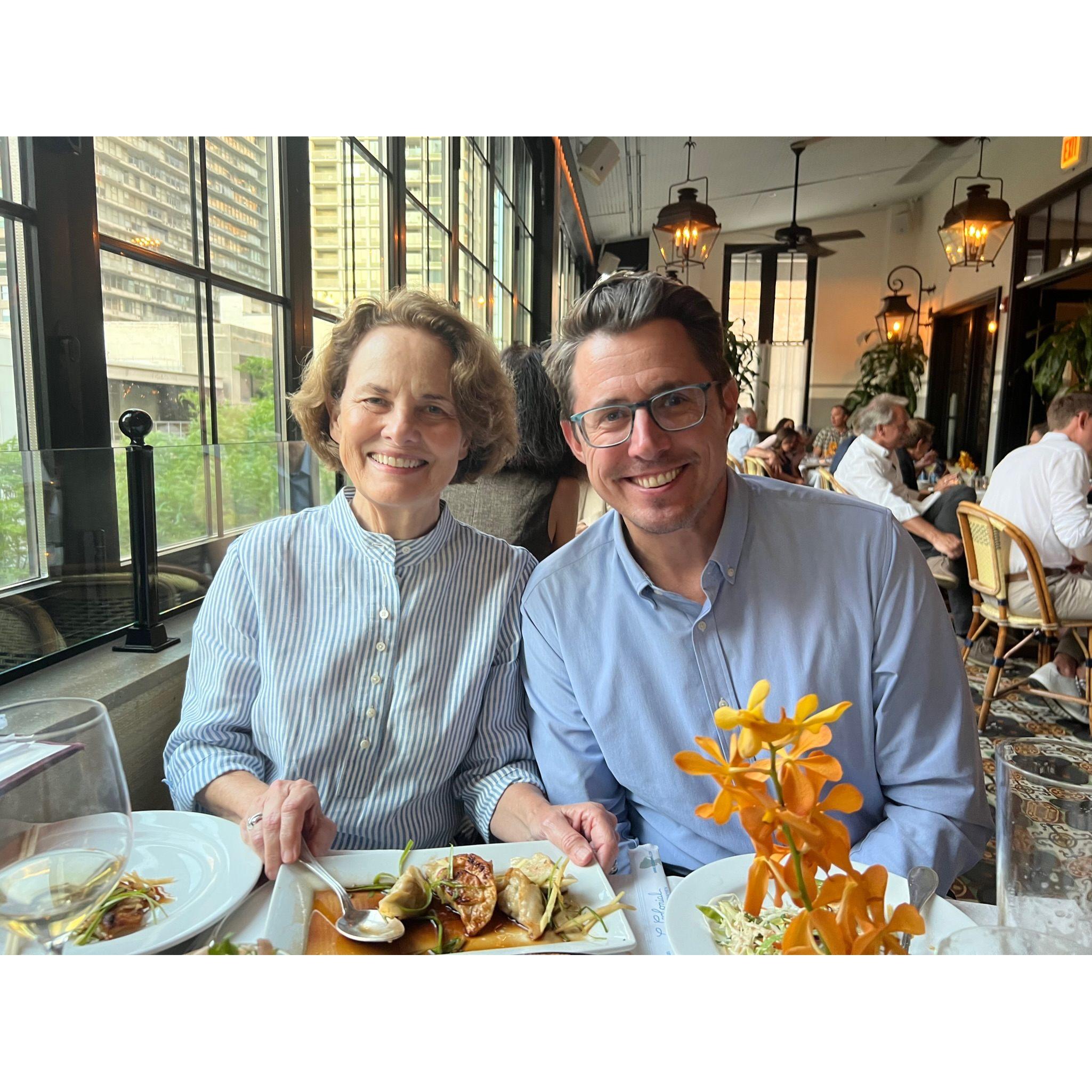 Carl's mom, Trinita, and Carl, during dinner in Chicago with Genevieve and her mom this year.
