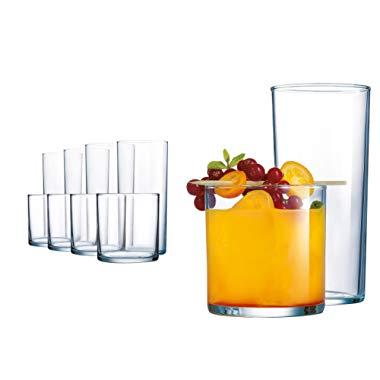Elegant Drinking Glasses, 8 Highball Glasses (16oz) and 8 Rocks Glass (12oz), Set of 16 Durable Glass Cups — Lead-Free Clear Glassware Set