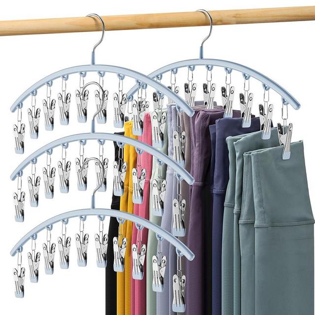 Volnamal Legging Organizer for Closet, Metal Yoga Pants Hanger w/Rubber Coated 4 Pack w/10 Clips Hold 40 Leggings, Hangers Space Saving Hanging Closet Organizer for Closet Organizers and Storage, Blue