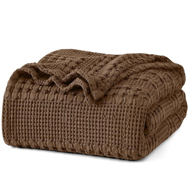 PHF 100% Cotton Waffle Blanket Queen Size for Bed, Lightweight Breathable and Soft for Summer, Luxury Aesthetic Waffle Weave Blanket for Home Decor & Gifts for Women, 90"x90", Chocolate