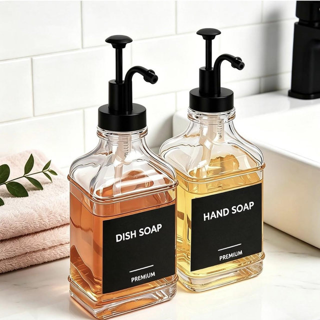 Dish Soap Dispenser for Kitchen, Hand Glass Soap Dispenser Set with Pump, Funnel for Bathroom, Shower, Laundry, Liquid, Lotion (Black 2 Pack 18 Oz Clear Bottles with 12 Stickers)
