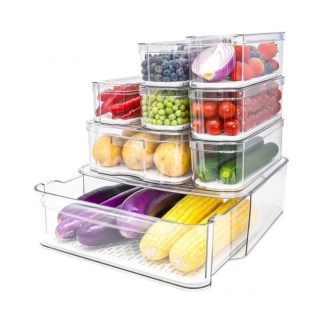 SMRCAD Fridge Organizers and Storage, 8 Pack Clear Freezer Organizer Bins with Lids for Kitchen, Pantry, Refrigerator, Food, Fruit, Vegetable Storage (8 Bins (Include Pull-out Drawer))