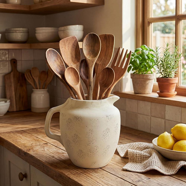 Potchen Rustic Kitchen Utensil Holder with Handle,7 Inch Ceramic Vintage Utensil Crock for Countertop, Farmhouse Kitchen Decoration Ceramic Pot for Spatulas Spoons Tongs(Novelty,Antique Cream)