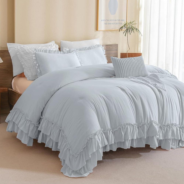Masaca Ruffle Comforter Full Size,3 Pieces Farmhouse Shabby Boho Chic Full Bedding Set,Vintage Ruffled Rustic Light Blue Bedding Comforter Set for All Season